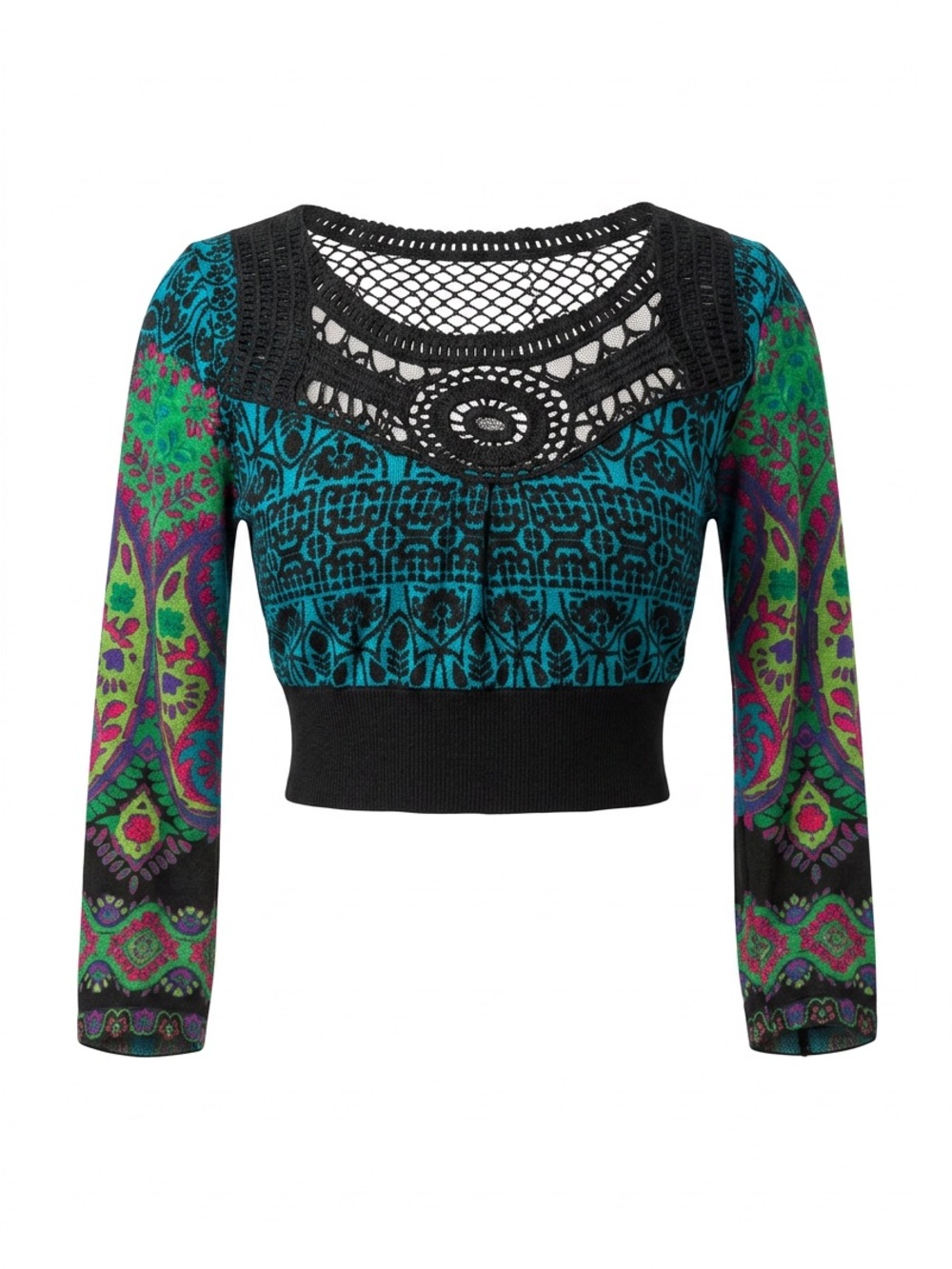 Vintage Boho Crochet Yoke Cropped Sweater Top - Black Teal Green Festival Top